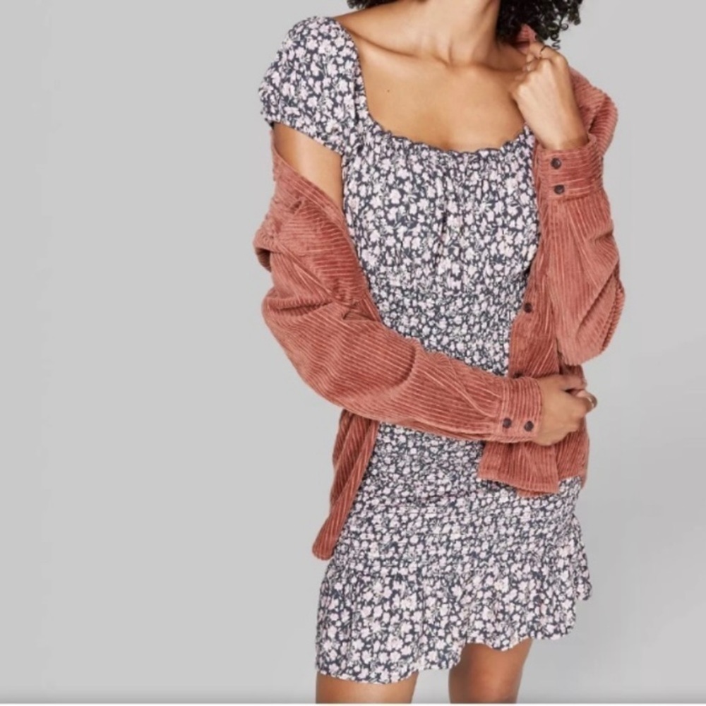 Wild Fable NWT XXL Dress Gray Pink Floral Smocked Puff Sleeve New With Tags